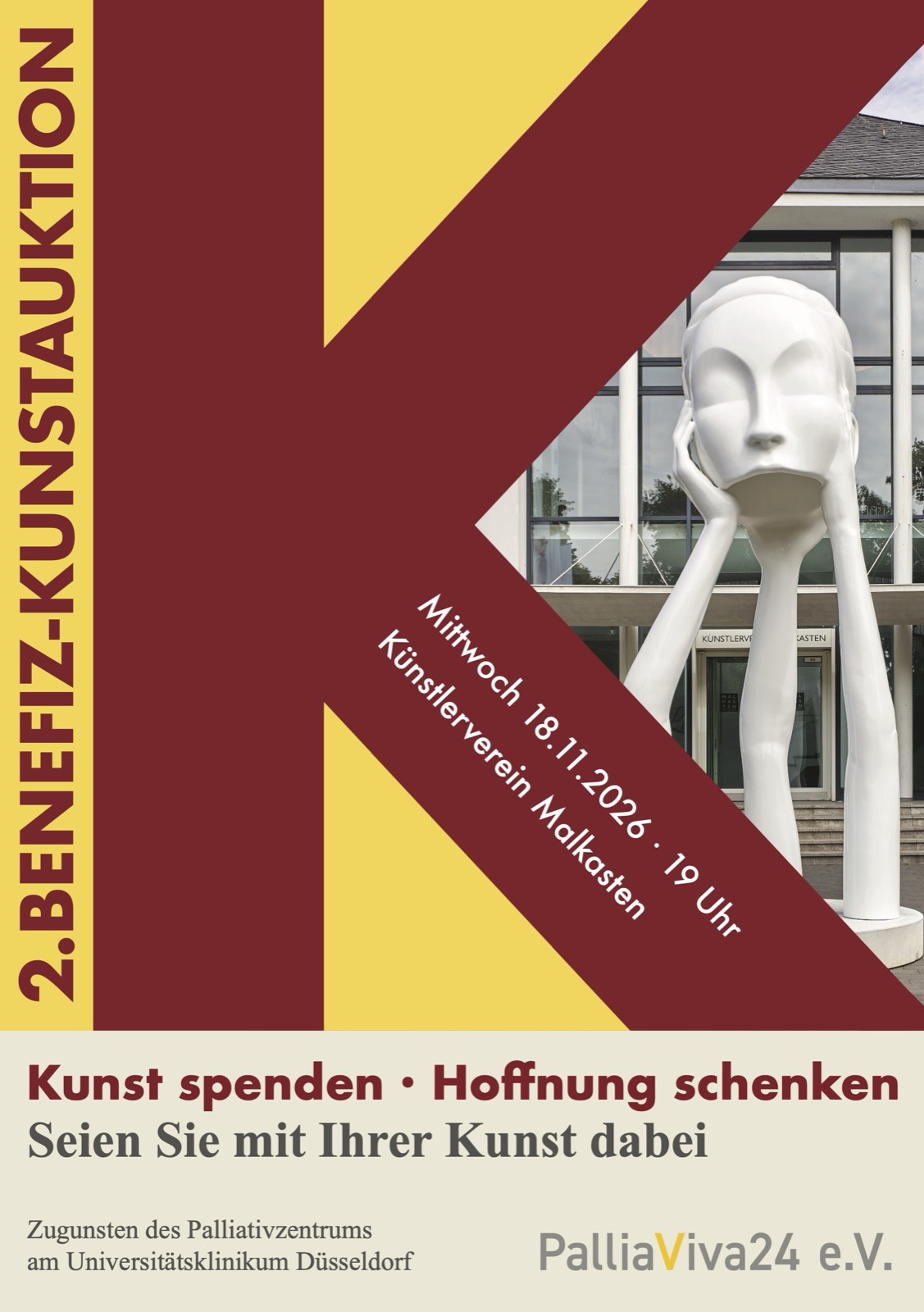 Flyer Seite 1 – 2. Benefiz-Kunstauktion: Kunst spenden, Hoffnung schenken. 18.11.2026, Künstlerverein Malkasten
