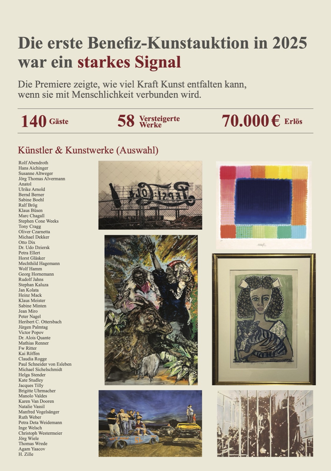 Flyer Seite 2 – Rückblick: Die erste Benefiz-Kunstauktion 2025 war ein starkes Signal. 140 Gäste, 58 versteigerte Kunstwerke, 70.000 Euro Erlös
