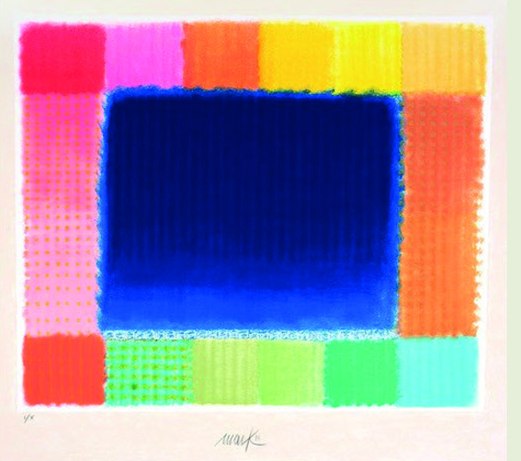 Farbfeld-Arbeit mit blauem Zentrum von Heinz Mack